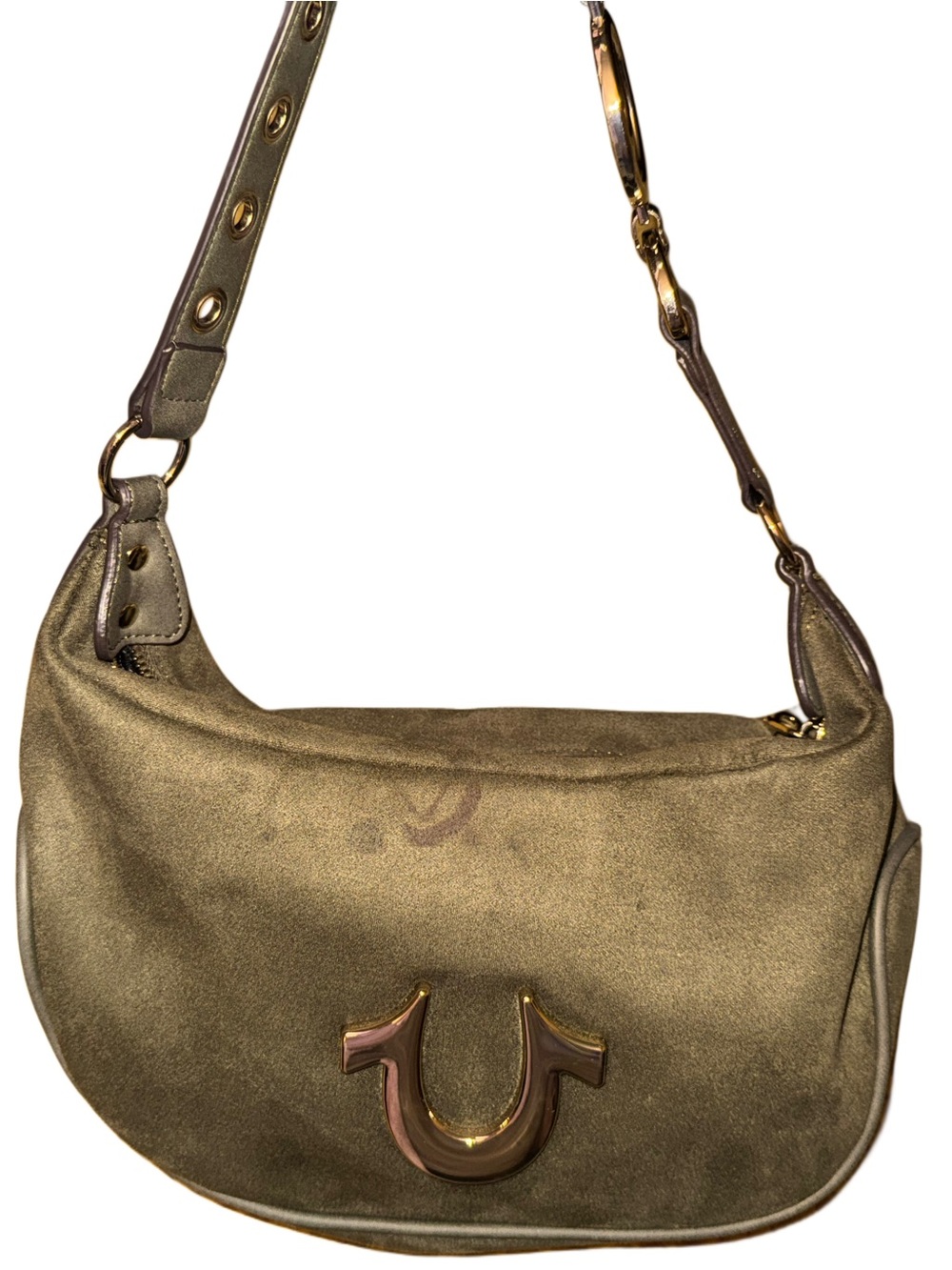 True Religion Olive Suede Horseshoe Shoulder Bag